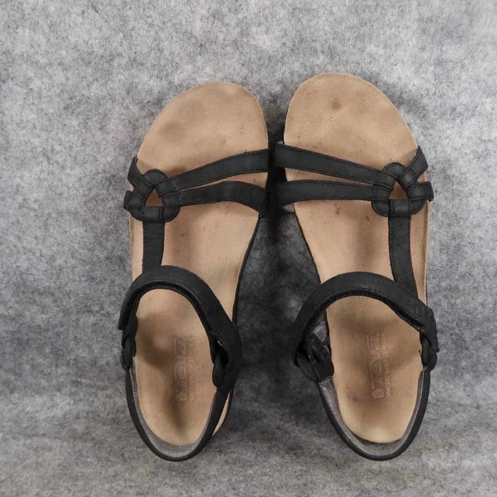 Teva Shoes Womens 9 Ventura Cork Sandals Leather Adjustable Strap Comfort Black - Picture 2 of 9